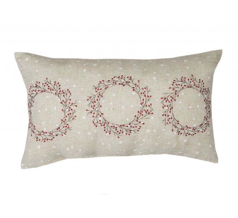 Natural Linen Embroidered Christmas Wreath Throw Pillow