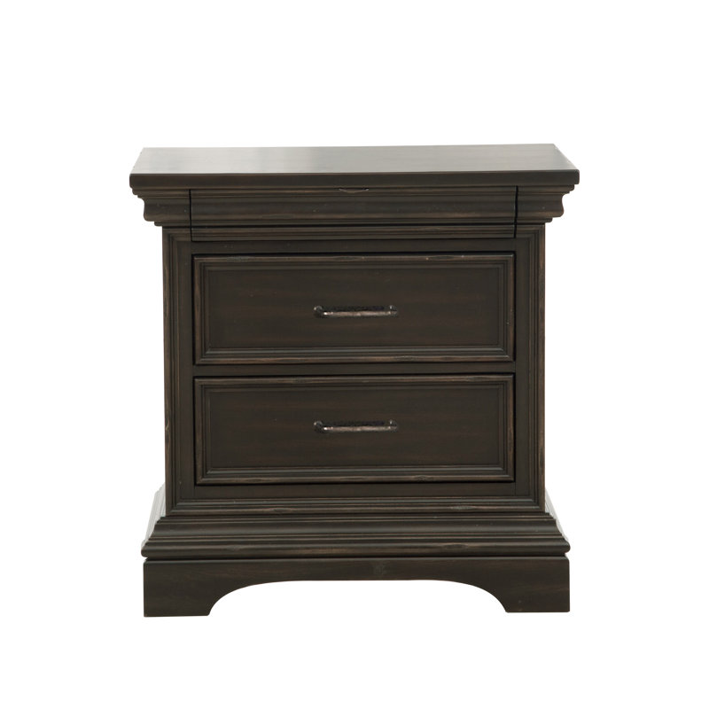 Brown Acacia Veneer 2-Drawer Nightstand with Rubberwood Legs