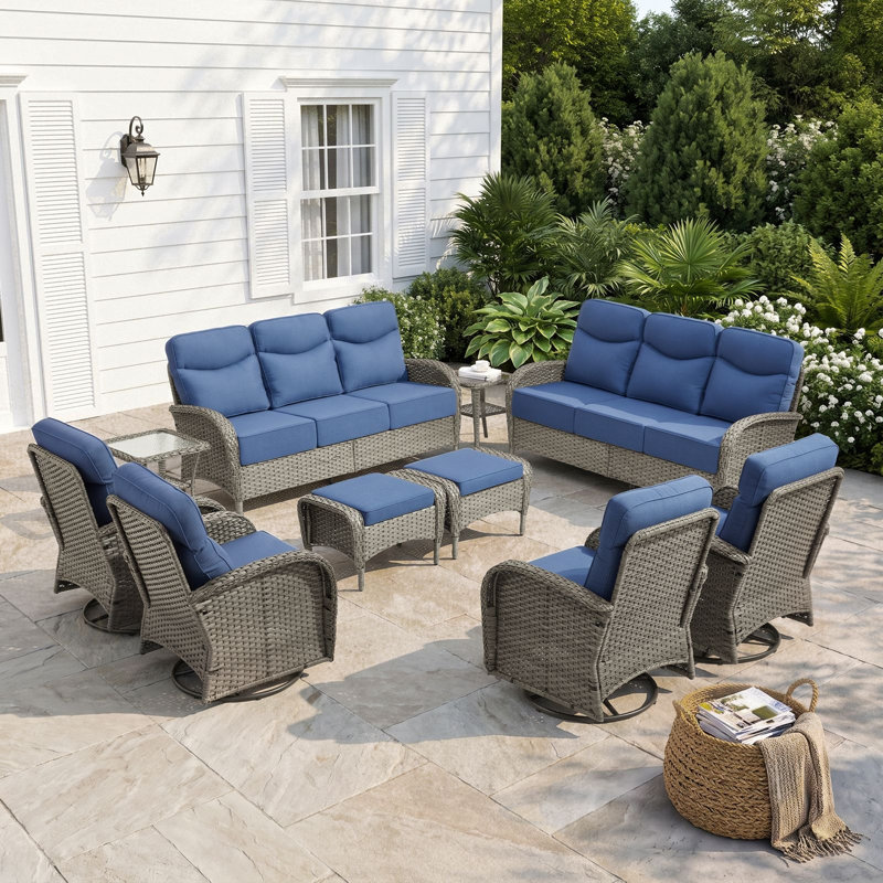 Ensemble de conversation avec coussins pivotants et repose-pieds 10 po pour patio en osier 10 pièces, Bleu