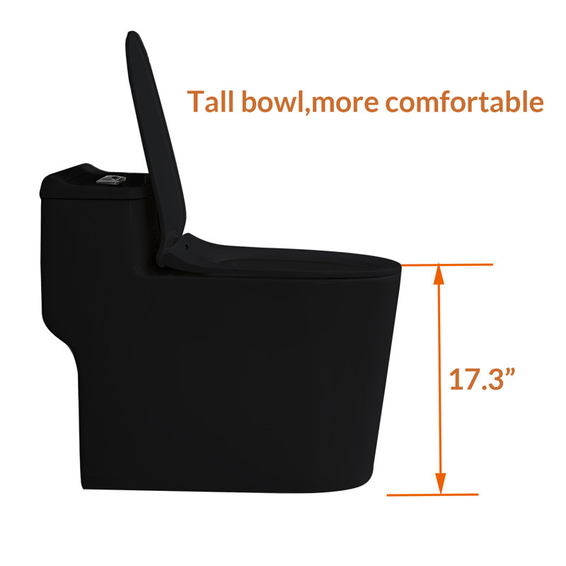 Toilette haute de hauteur confortable 17,3 po Yingze, cuvette allongée une pièce à double chasse écoénergétique, siège à fermeture en douceur UF, noir