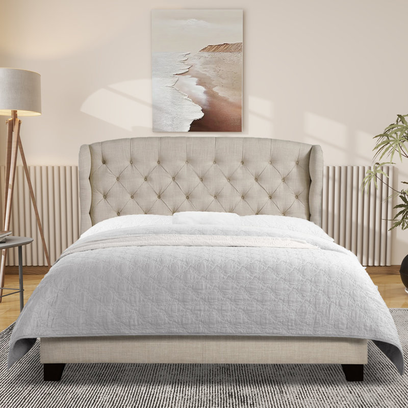 Lit tapissier en tissu, base de lit à hauteur réglable capitonnée, Beige, Grand