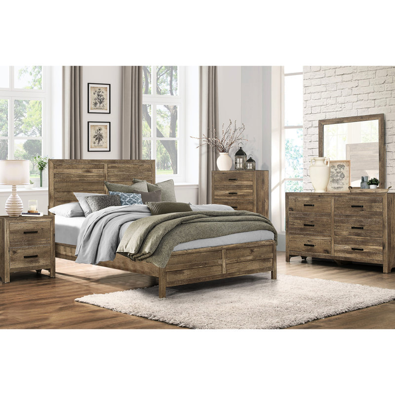 Cadre de lit double de style rustique avec finition en pin vieilli, motif moderne, tête de lit et rails pour la chambre à coucher, finition de sommier nécessaire pour la chambre à coucher, rails, essentiel