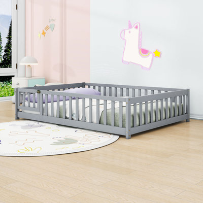 Wooden Low-Floor Bed With Enclosed Fence Design And Door