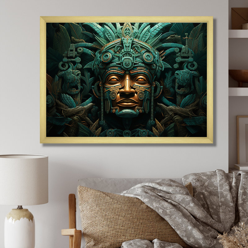 Maya Magic Aztec Mask I - Art mural mexicain, H 24 po x l 32 po x P 1 po, Cadre doré simple