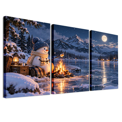 «Snowman Roast Marshmallows» par Christmas, ensemble de 3 toiles murales