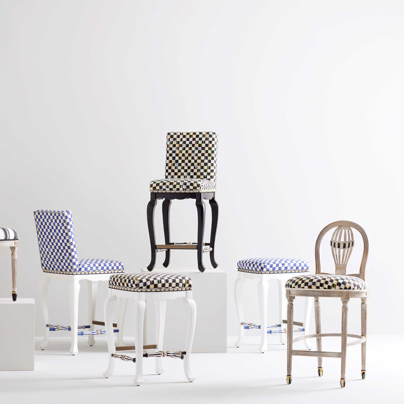 Maple Wood Backless Blue and White Counter Stool