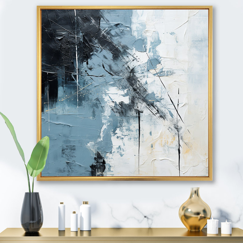 «Blue and Beige Scandinavian Modernity Art I», reproduction d'art sur toile, Cadre flottant doré, H 16 po x l 16 po