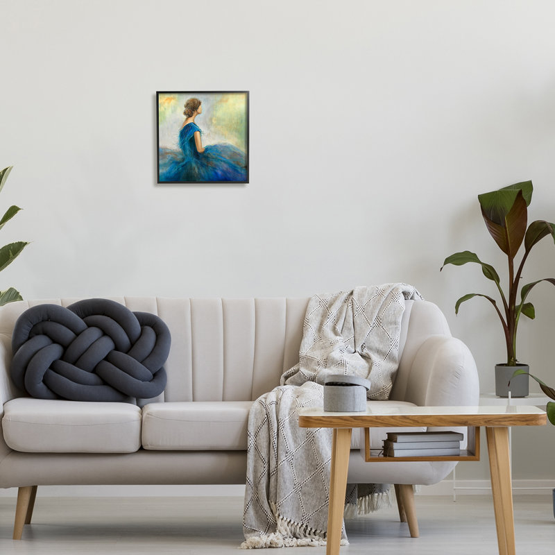 «Woman Billowing Blue Dress», peinture classique, H 12 po x l 12 po x P 1,5 po, Giclée encadrée noir minuit