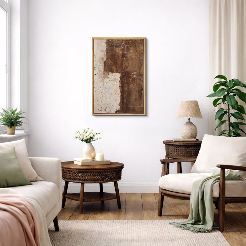 Style Mid-Century brun foncé, formes abstraites neutres, grand cadre rustique, décor minimaliste M20, H 24 po x l 16 po