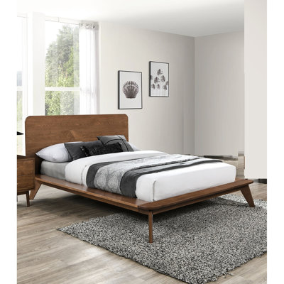 Cadre de lit double en noyer massif de style Mid-Century moderne, lit plateforme avec tête de lit à panneau et pieds fuselés, lit prêt à accueillir un matelas, tête de lit,