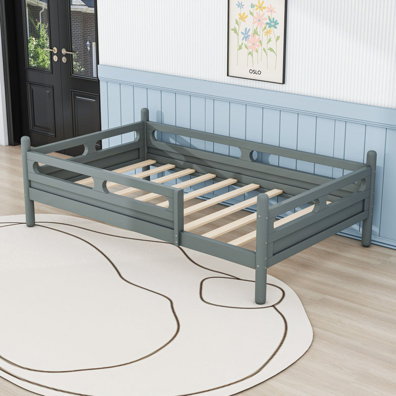 Lit plateforme en bois avec garde-corps de sécurité et conception à profil bas, Lit simple, Gris