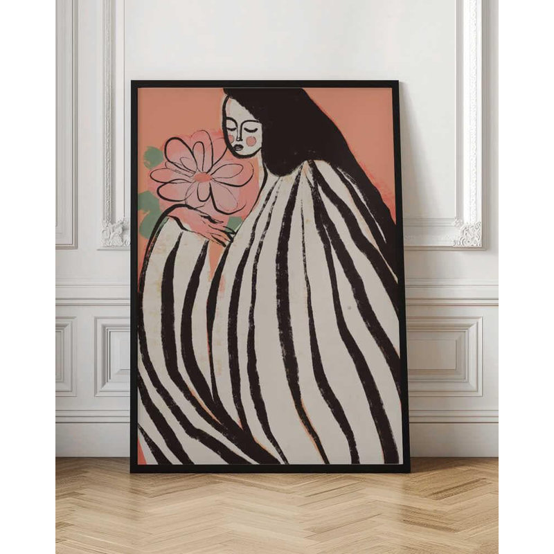 Reproduction d'art moderne de femme figurative - robe rayée audacieuse et illustration florale, Noir, H 10 po x l 8 po