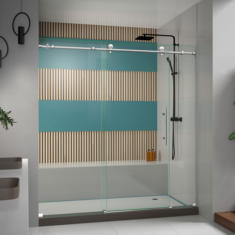 Enigma-X Frameless Rectangle Shower Door with Fixed Panel, Polished Stainless Steel