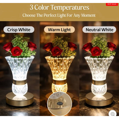 Crystal Flower Table Lamp With Gold Base 3-in-1 LED Night Light Vase Decorative Bedside Lamp For Bedroom Living Room And Wedding Decor