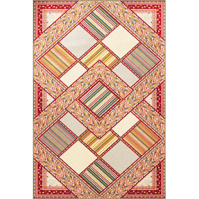 Orange Floral Geometric Vintage Decorative Machine Washable Area Rug