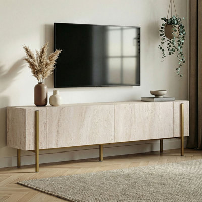 Meuble télé moderne avec pieds en métal, travertin et finition dorée, 70,9 po x 11,8 po x 17,7 po | 100% panneau de particules enduit de mélamine, design durable et élégant