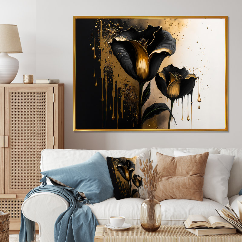 Décoration murale noire et dorée Cally Lillies - Calla Lily, Toile avec cadre flottant or, H 30 po x l 40 po x P 1,5 po