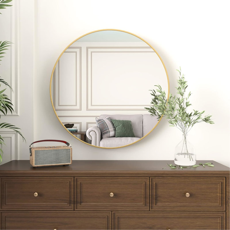 Miroir mural rond de 32 pouces de diamètre doré - Style classique pour salle de bain contemporaine, avec cadre en verre et rouille, installation incluse, élément de décoration de salle de bain moderne avec cadre en métal, processus facile