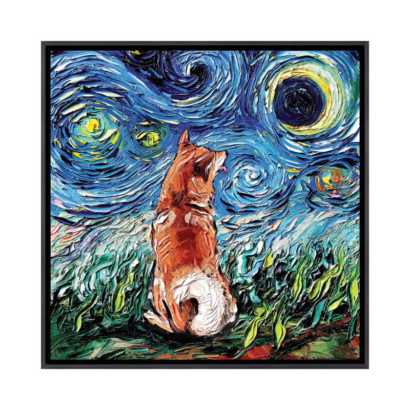 " Shiba Inu Night " by Aja Trier, Distressed Black Framed Canvas, No Mat, 26" H x 26" W x 1.5" D