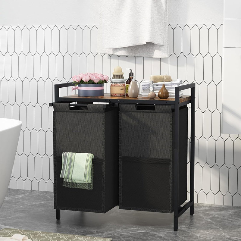 Double Laundry Hamper with Top Shelf, Removable Washable Bags, Side Pockets, Laundry Sorter Organizer, Rustic Brown & Black