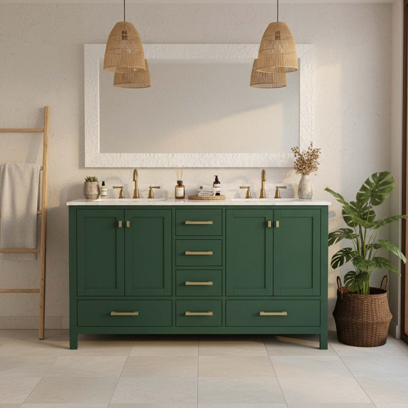 Meuble-lavabo autoportant en bois massif avec double vasque, Vert