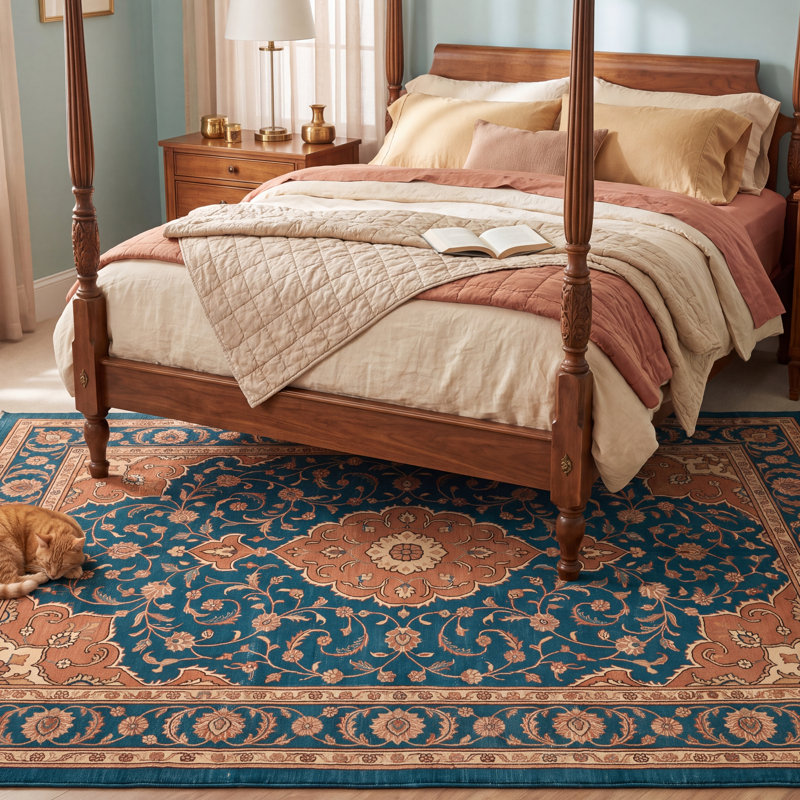 Tapis Pasture2 Traditionnel Médaillon Style persan Bleu Canard Or Crème lavable à la machine Antidérapant Poils courts Intérieur extérieur Adapté aux animaux domestiques Salon Chambre Salle à manger Entrée Couloir Bureau