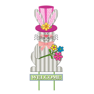 Piquet de jardin Welcome Bunny avec chapeau rose Welcome