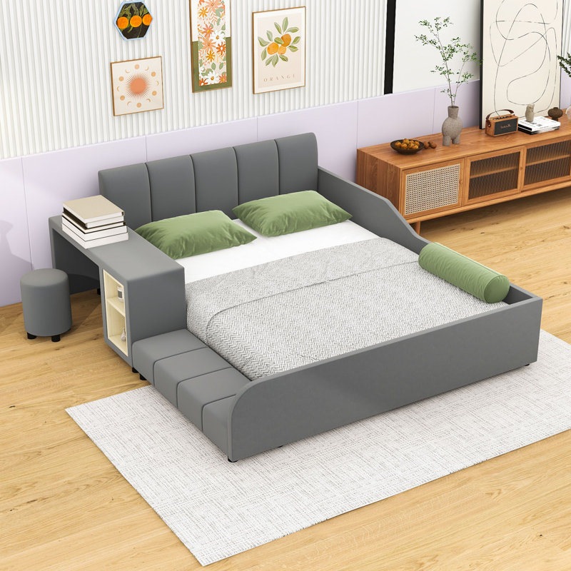 Lit tapissier Stelijana avec bureau de chevet et petit tabouret rond, Double, Gris