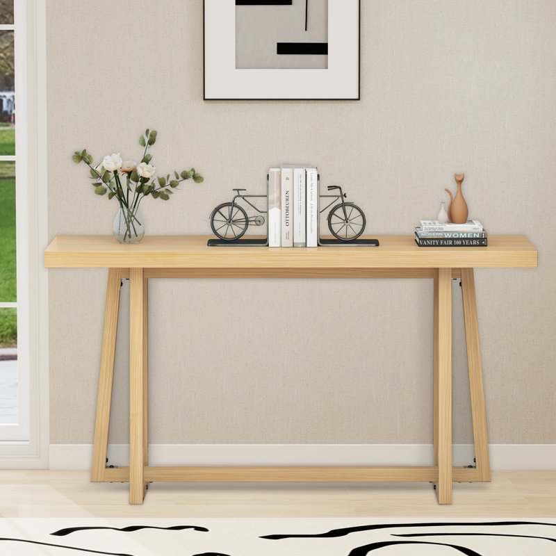 59.82" W Indoor / Outdoor Rectangular Console Table With Magnesium Oxide Countertop And Metal Legs, Natural Wood