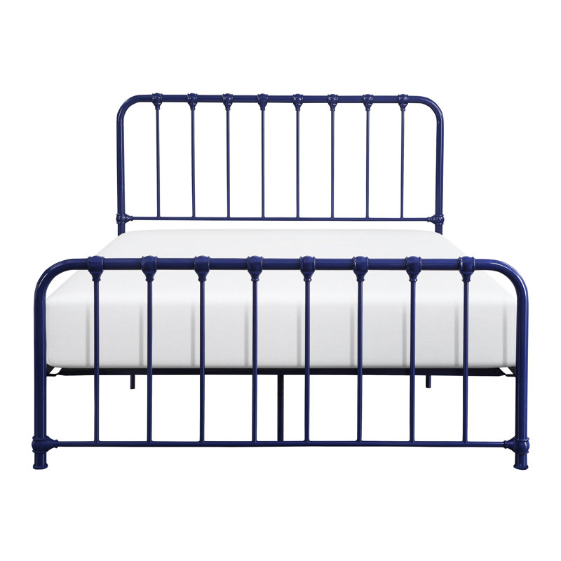 Lit plateforme en métal pour chambre à coucher (taille standard), avec revêtement bleu, pour une ambiance élégante.