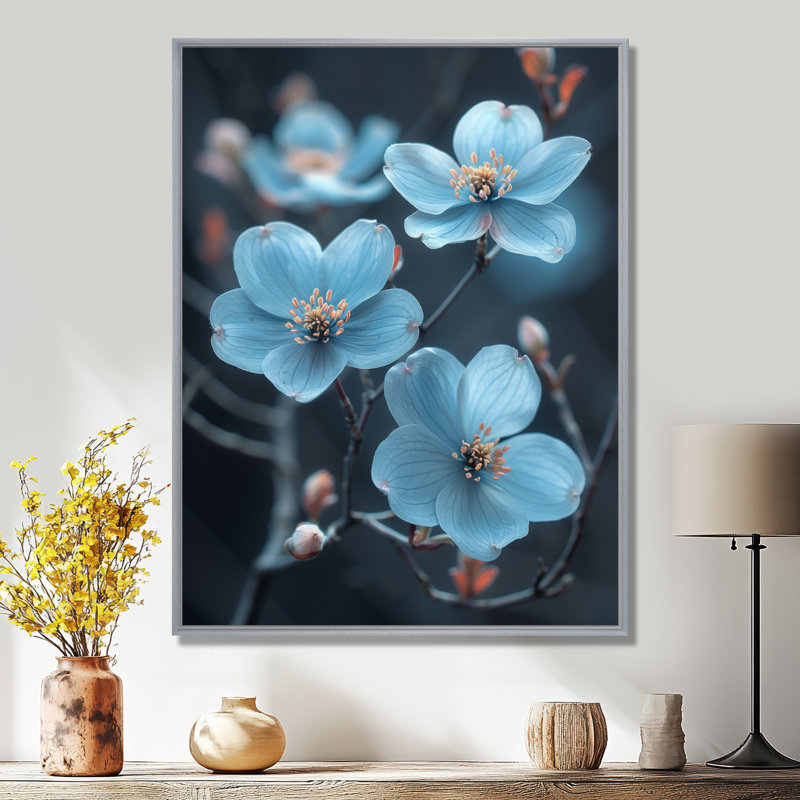Monochromes bleus, paix, cornouiller fleur II - cornouiller, art mural, Toile argentée avec cadre flottant