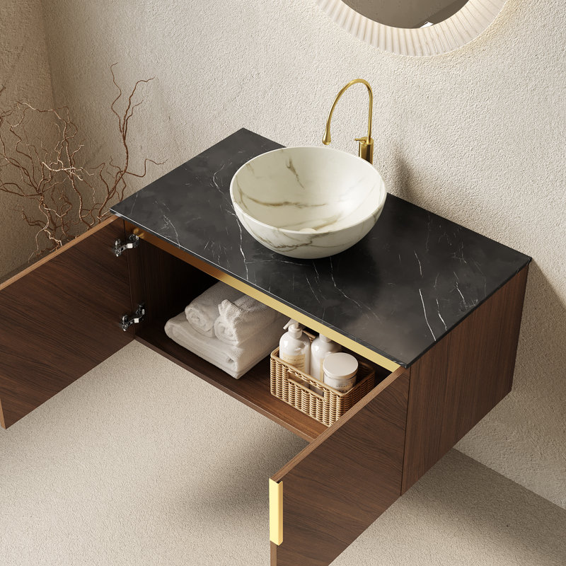Meuble-lavabo 36 po, armoire de rangement flottante en contreplaqué avec portes doubles, comptoir en pierre frittée noire et cuve en céramique blanche à motif de pierres