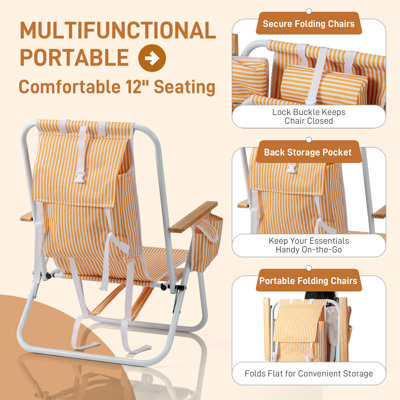 Chaise de plage pliante à rayures orange et blanches, chaise longue d'extérieur en aluminium réglable en 4 positions avec poches de rangement, appui-tête amovible et porte-gobelets pour la piscine, le camping et les voyages