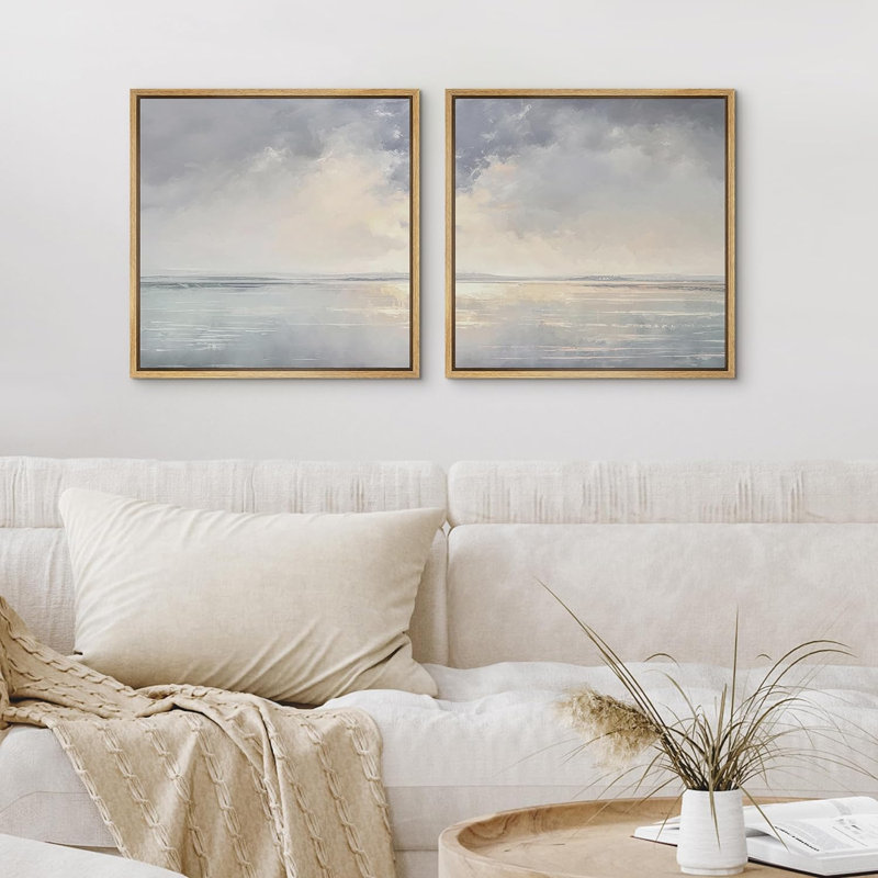 «Sunrise Over Ocean Calm Seascape Coastal Beach Decor», ensemble de 2 reproductions d'art sur toile encadrées