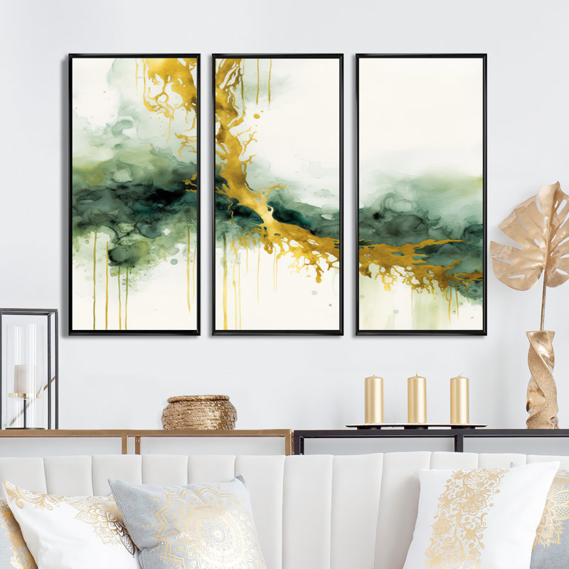 «Awakenings In French Moss III», ensemble d'art mural abstrait à l'encre liquide, Toile avec cadre flottant noir