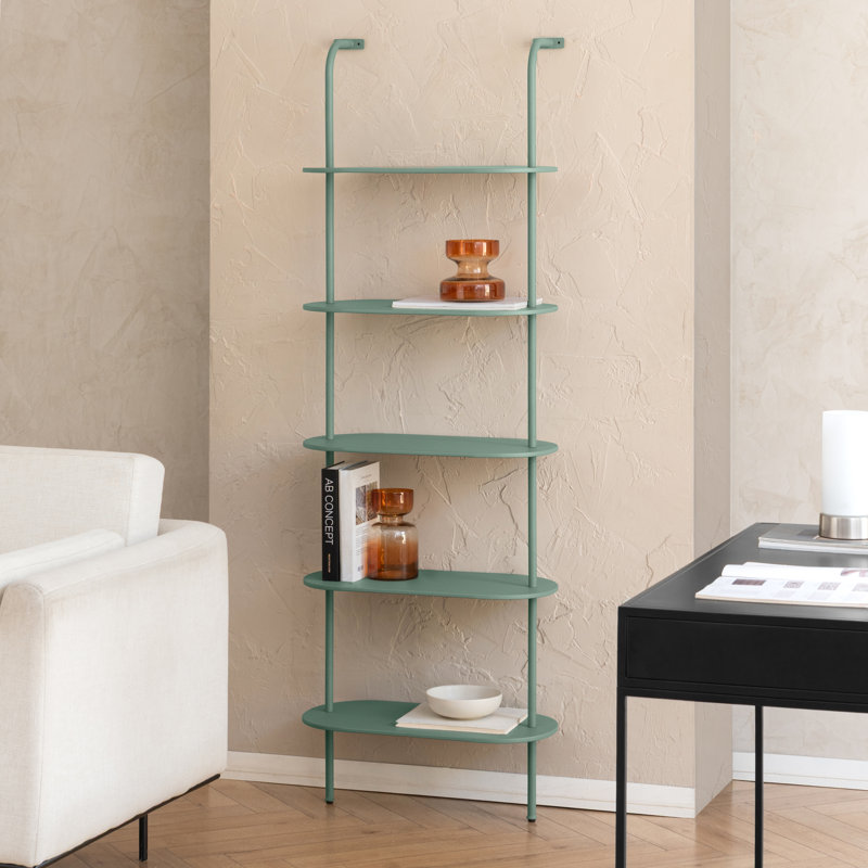 Corle 72" H x 24" W x 12" D 5-Tier Ladder Iron Bookcase Sage Green, Sage Green