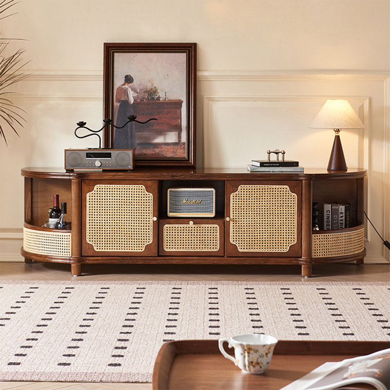 Mid-Century Modern Solid Wood Rattan Multi-Functional TV Stand