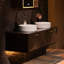 Meuble-lavabo mural flottant 60 po Eden - Double vasque en céramique, comptoir en pierre reconstituée noire et détails noirs / dorés peints à la main et style mural peu encombrant