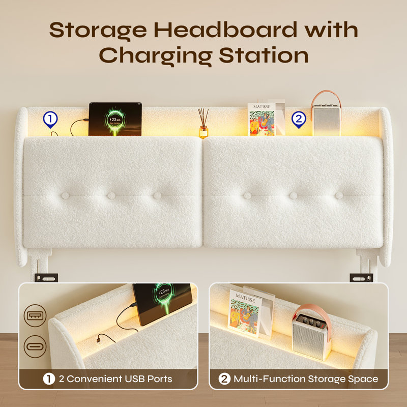 Wingback Upholstered Headboard With Storage Shelf, USB And Ambient Light, King