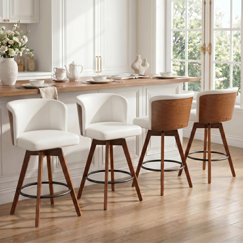 Tabouret de comptoir pivotant rembourré avec structure en bois Devault, Blanc / Brun, 4