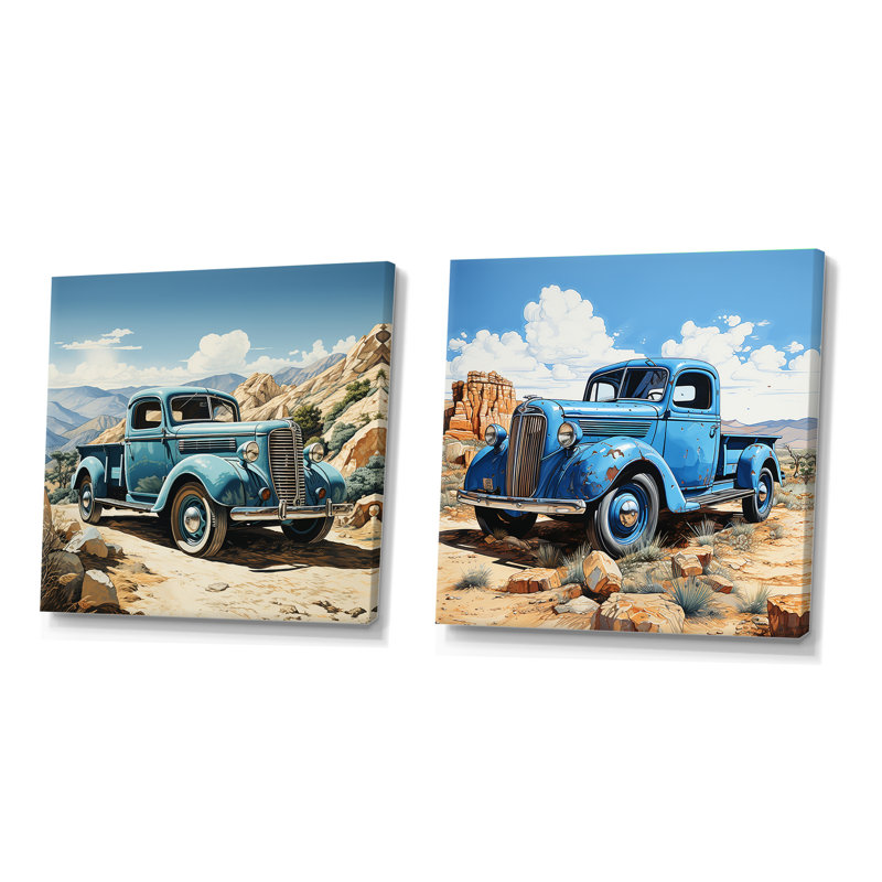 «Blue Vintage Pickup In Nevada», 2 pièces, Toile tendue, H 16 po x l 33 po