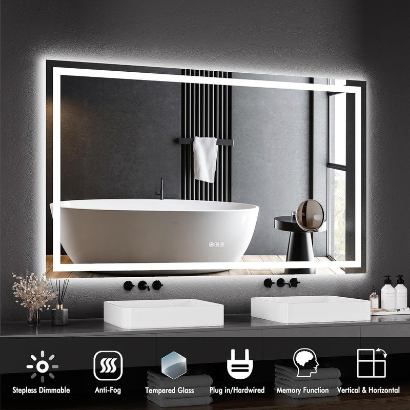 LED Bathroom Mirror with Lights, Dimmable Anti-Fog Smart Vanity Mirror with Memory Function, 36" x 60"