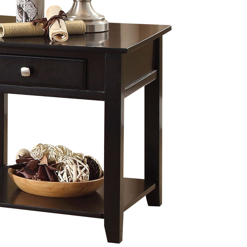 Black Wooden End Table with Drawer and Bottom Shelf