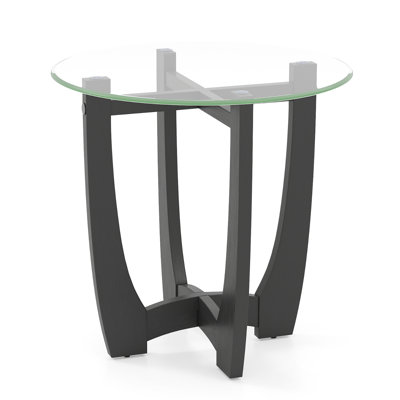  23.5'' Round Side Table w/ Glass Tabletop Cross-shaped Solid Rubber Wood Frame