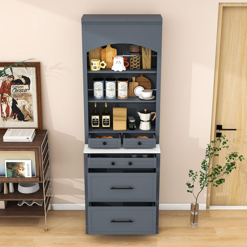 Grand garde-manger autoportant élégant avec comptoir en faux marbre, tablette réglable et tiroirs, Gris