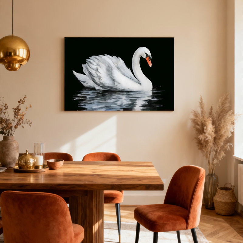 Cygne blanc sur fond noir, reproduction d'art sur toile tendue sur toile, ensemble de 1, H 16 po x l 24 po