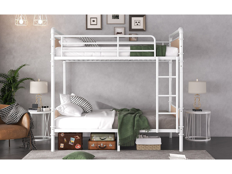 Lit superposé simple TG au-dessus de simple TG, lits superposés détachables industriels avec garde-corps pour adolescents, blanc