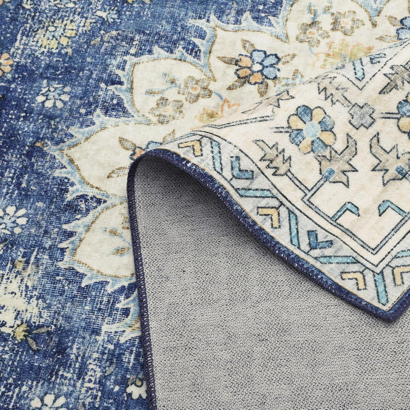 Vintage Boho Area Rug – Washable Floral Print, Non-Slip, Low Pile Carpet for Bedroom, Living Room, Dining Room (Blue)
