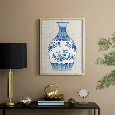 «Ming Vase on Linen III», reproduction encadrée - bois massif