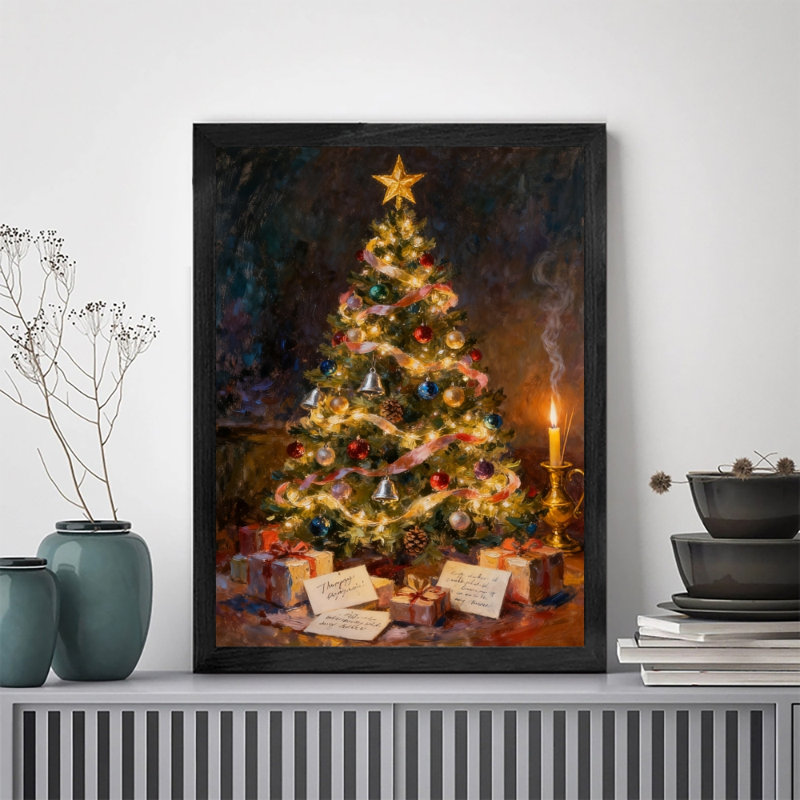 Arbre de Noël noir encadré noir et cadeaux, reproduction d'art de style rétro, H 11 po x l 9 po